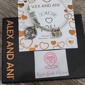 Alex and Ani BECAUSE I LOVE YOU III Russian Silver Charm Bangle W/Tag Card & Box